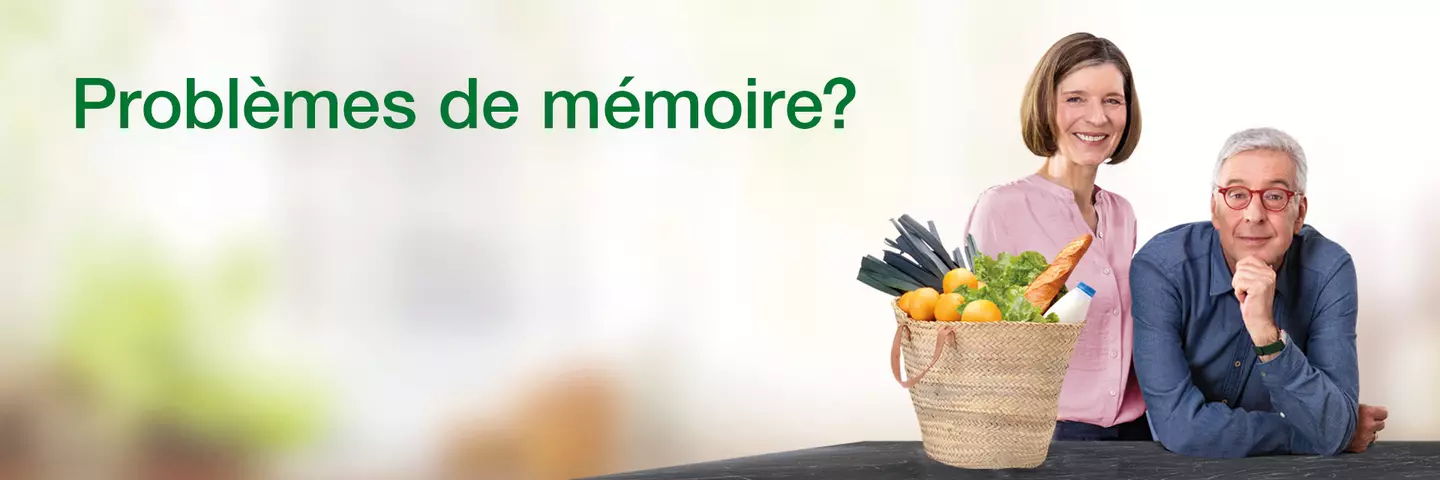 Problèmes de mémoire ? Couple âgé avec un panier à provisions. Tébofortine - Pour une bonne mémoire