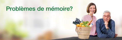 Problèmes de mémoire ? Couple âgé avec un panier à provisions. Tébofortine - Pour une bonne mémoire